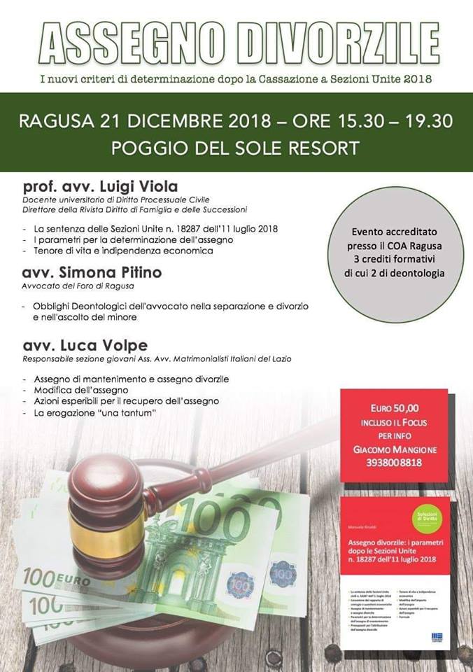 L'ASSEGNO DIVORZILE. Ragusa 21 dicembre 2018